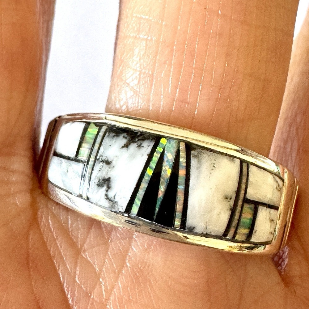 Navajo Wedding Band Sz 13 Inlay Ring Opal‎ White Buffalo 10mm Mens Signed Tolino